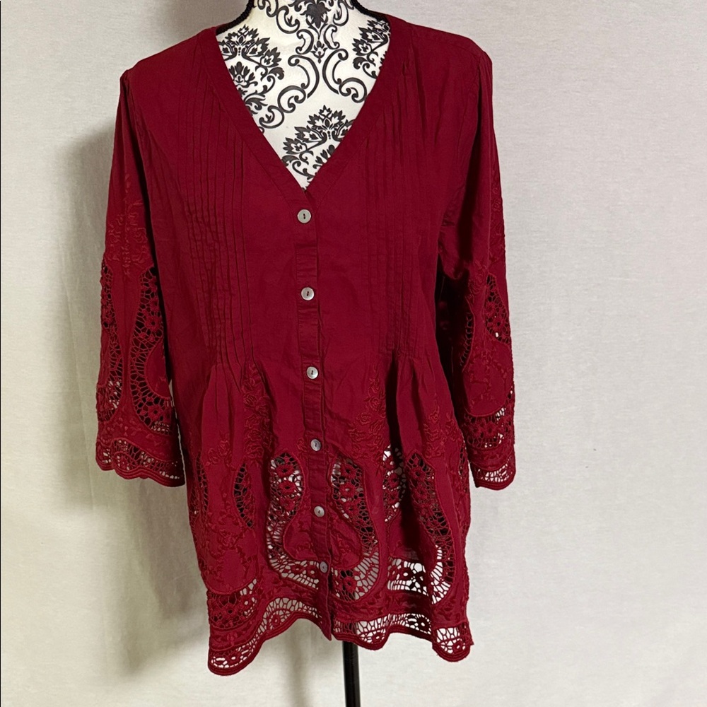 Soft Surroundings Trella Intricate Eyelet Burgundy Lace Women's Tunic Cotton XL - Picture 2 of 14